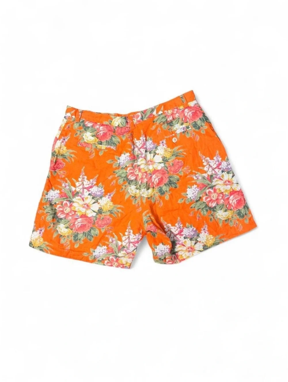 Vintage Lauren Ralph Lauren Linen Shorts 14 Orange Floral High Rise 90s
